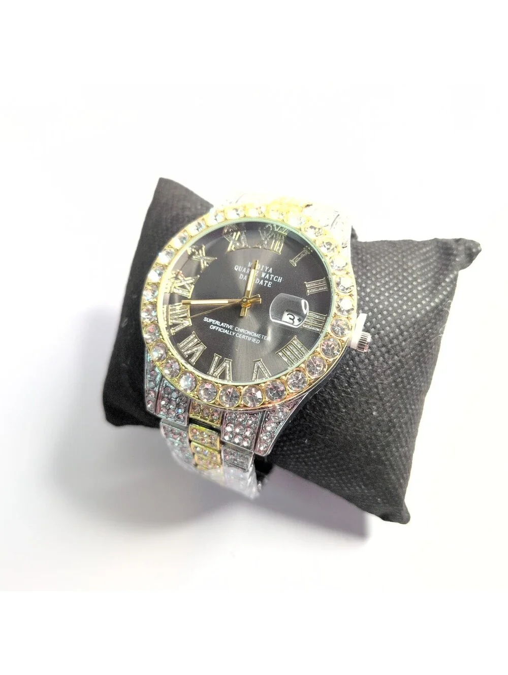 Men's Watch 42mm – Moissanite Simulated – Roman Numeral- Gold/Silver Shine -